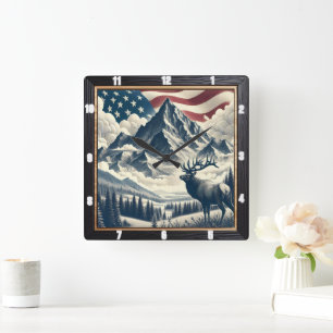 Mountain Moose Patriotic Rustic Vierkante Klok