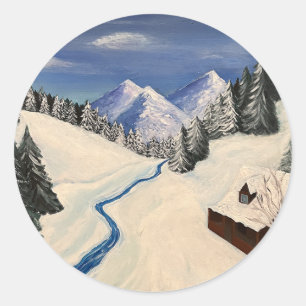 Mountain Painting Cabin Wilderness Ronde Sticker