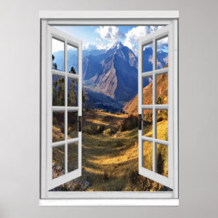 Mountain Peaks Uitzicht Trompe l'oeil Fake Window Poster