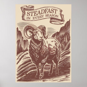 Mountain Ram Steadfast Natuur Woodcut Design Poster