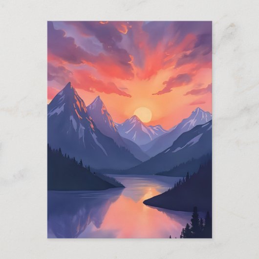 Mountain Range Sunset | Waterverf Lake Landscape Briefkaart (Voorkant)