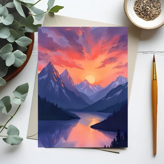 Mountain Range Sunset | Waterverf Lake Landscape Briefkaart
