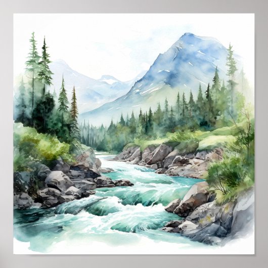 Mountain River Alaska Waterverf schilderij Poster (Voorkant)