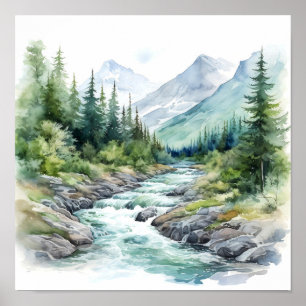 Mountain River Alaska Waterverf schilderij Poster