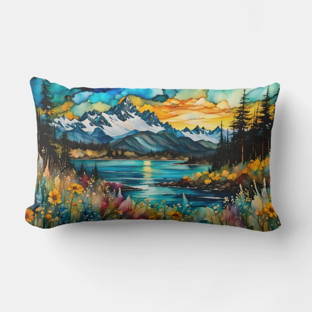 Mountain River en Wildflower Landschap Kussen (Voorkant)