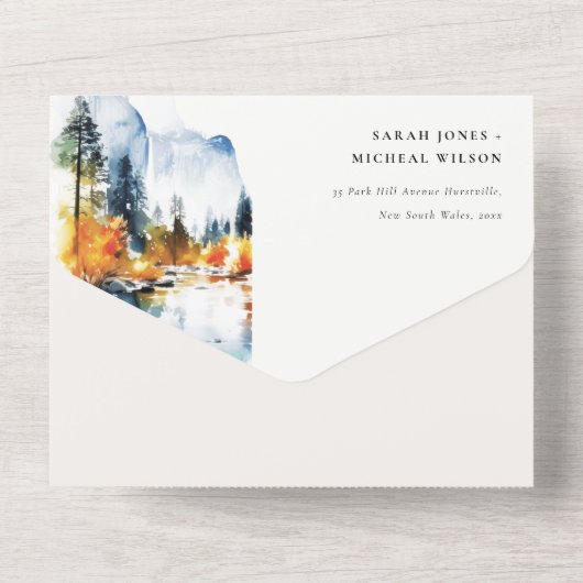 Mountain River Herfst Winterlandschap Bruiloft All In One Uitnodiging (Achterkant)