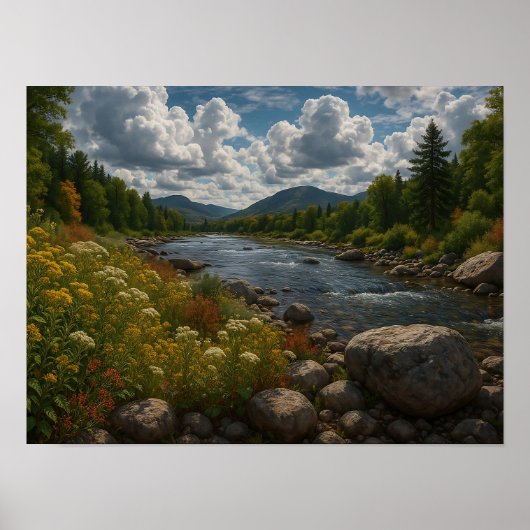 Mountain River Wildflowers Landscape  Poster (Voorkant)