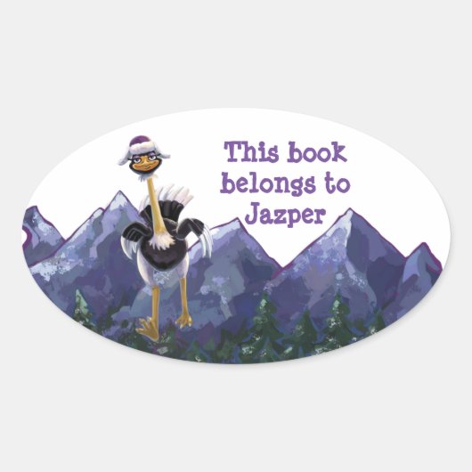 Mountain Running Struisvogel Bookplate Ovale Sticker (Voorkant)