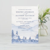 Mountain Rustic Woodland Waterverf Blue Wedding Kaart (Staand voorkant)