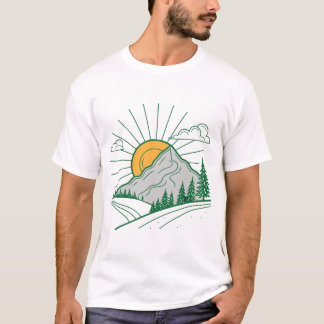 Mountain Sunrise Line Art Nature Outdoor T-Shirt