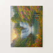 Mountain Sunrise Waterfall Puzzle – Family Fishing (Vertical)