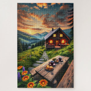 Mountain Sunset Cabin Serenity Puzzel