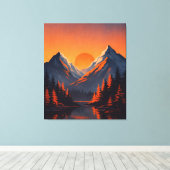 Mountain Sunset Reflection Fiery Orange Sky Canvas Afdruk (Insitu (Houten vloer))