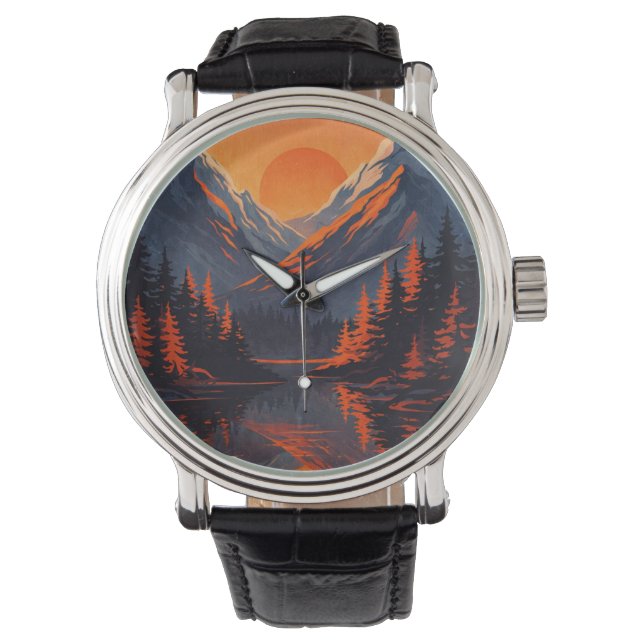 Mountain Sunset Reflection Fiery Orange Sky  Horloge (Voorkant)