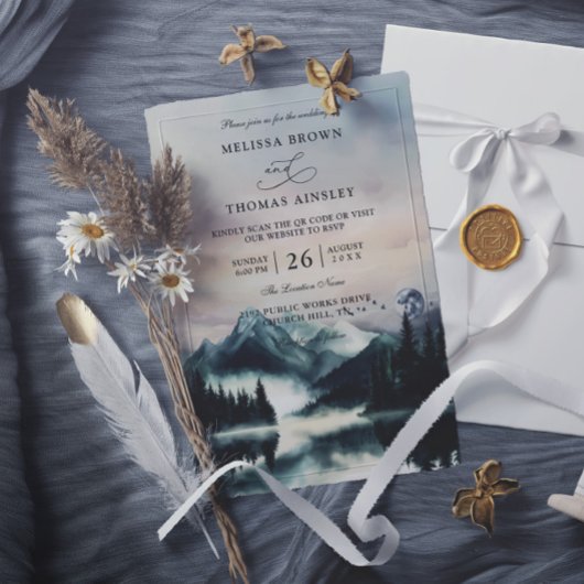 Mountain Trees Pine Rustic Budget QR Code Wedding Kaart