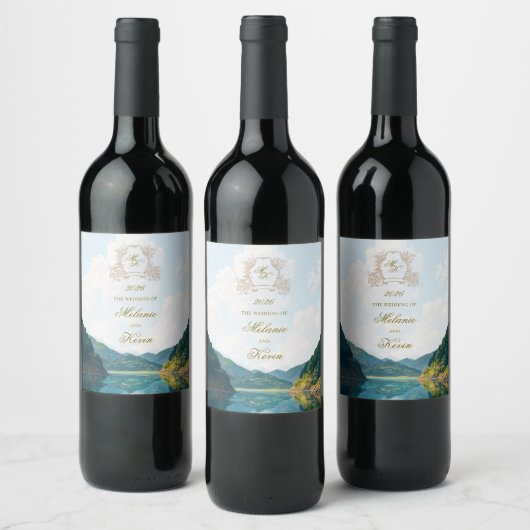 Mountain Valley View Wedding Wine Label Wijn Etiket (Flessen)