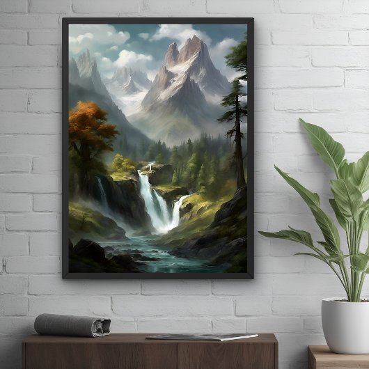 Mountain Waterfall Serenity - Natuur Landschapskun Poster