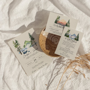 Mountain Waterverf Woodland Pine Trees Bruiloft Kaart