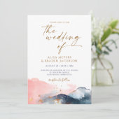 Mountain Wedding Modern Waterverf Navy Roze Goud Kaart (Staand voorkant)