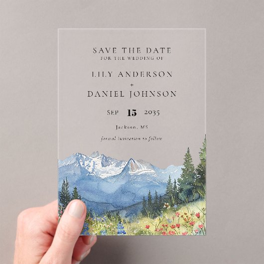 Mountain Wildflower Wedding Save The Date Acryl Uitnodigingen (Insitu (Draagbaar))