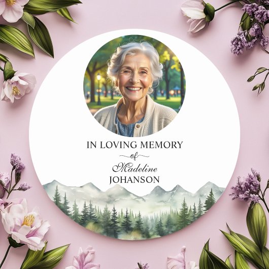 Mountains and Trees Celebration Of Life Funeral Ronde Sticker