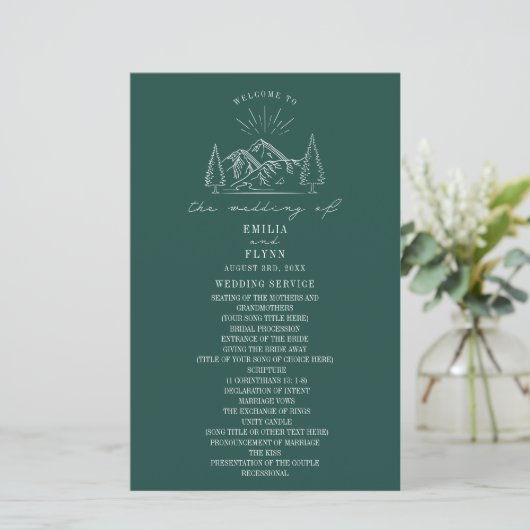 Mountains Line Art Emerald Wedding Program (Staand voorkant)