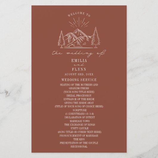 Mountains Line Art Terracotta Wedding Program Hand (Voorkant)