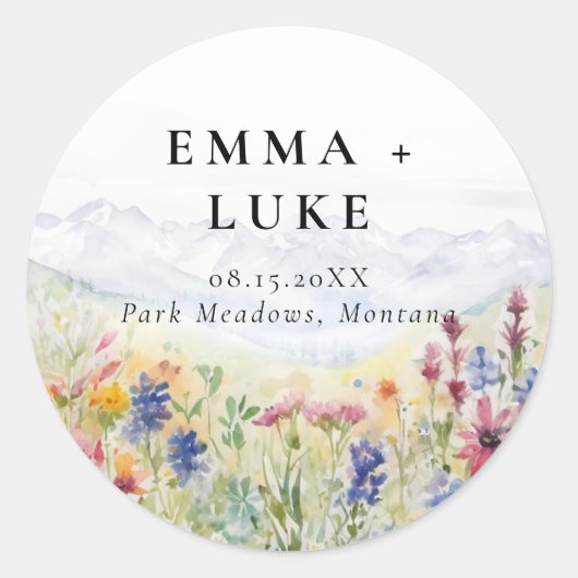 Mountains Meadow Wildflowers Watercolor Wedding Ronde Sticker (Voorkant)
