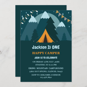 Mountains Tent One Happy Camper First Birthday Kaart