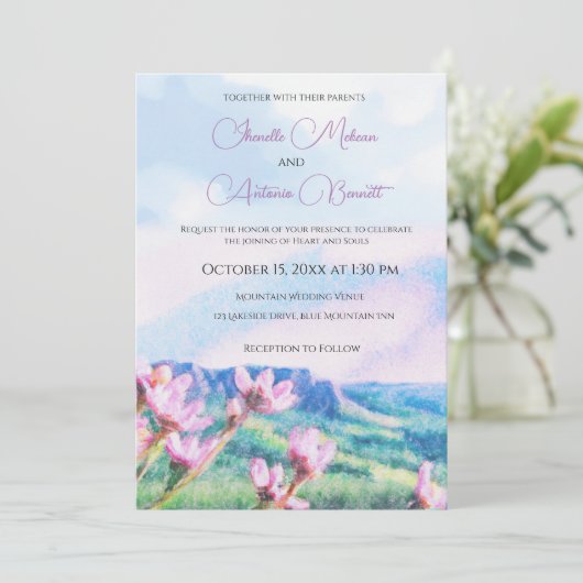 Mountainside Waterverf bruiloft uitnodiging (Staand voorkant)