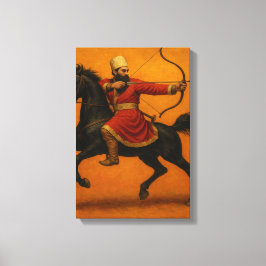 Mounted Archer in Red Robe op Black Warhorse Canvas Afdruk