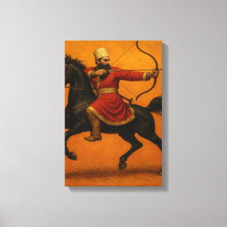 Mounted Archer in Red Robe op Black Warhorse Canvas Afdruk