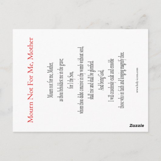 Mourn Not For Me, Carte De Prière Mère (Dos)