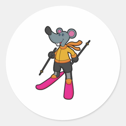 Mouse as Skier with Ski Ronde Sticker (Voorkant)