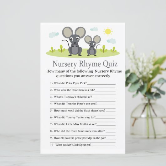 Mouse Nursery Rhyme Quiz baby shower game (Staand voorkant)