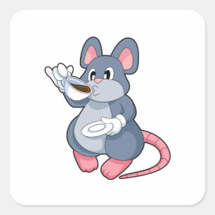 Mouse with Coffee Cup Vierkante Sticker