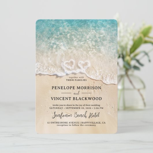 Mousse de mer Coeurs Plage Mariage Invitation (Debout devant)