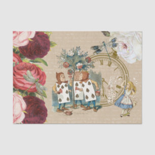 Mousseline Alice Wonderland Cartes Roses Crème Tissu Papier