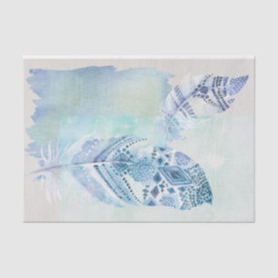 Mousseline Aquarelle bleu Boho Plumes Papier Tissu