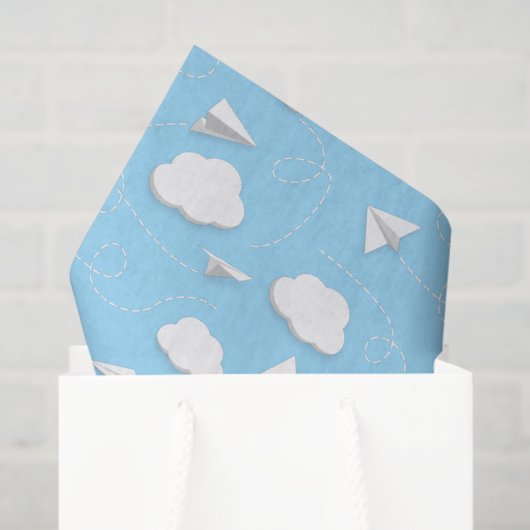 Mousseline avion en papier volant nuages bleus ciel (Sac cadeau)