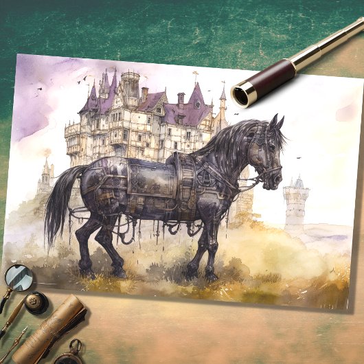 Mousseline Cheval avec Castle Steampunk 1 Decoupage Papier