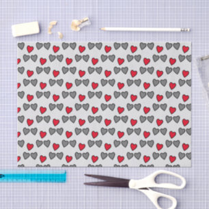 Mousseline Coeurs d'amour gris et rouge papier de tissu cadea