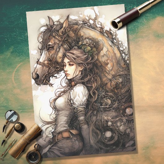 Mousseline Fille et cheval Steampunk 7 Découpage Papier