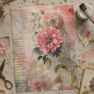 Mousseline Fleurs roses antiques, Papier éphemère, Découpage 