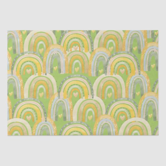 Mousseline Happy Rainbows Coeurs Jaune Vert Tissu Papier (Recto)