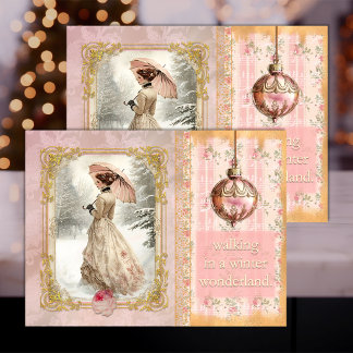 Mousseline Noël victorien rose - Papier de découpage en tissu