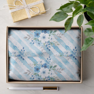 Mousseline Papier Cadeau Fleurie à Rayures Aquarelle Bleue