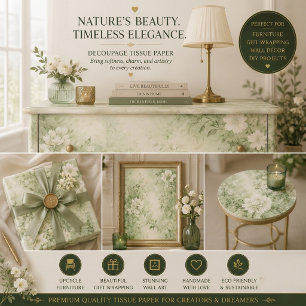 Mousseline Papier de découpage floral Shabby Chic vert sauge 