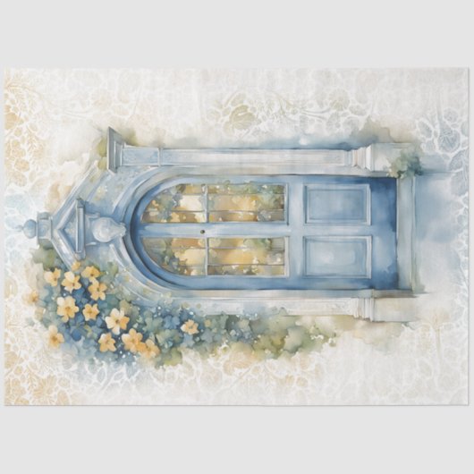 Mousseline Papier de fond floral bleu et jaune découpage (Recto)