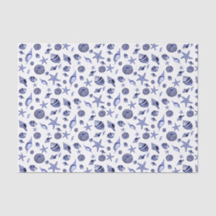 Mousseline Papier de tissu de coquillages bleu et blanc